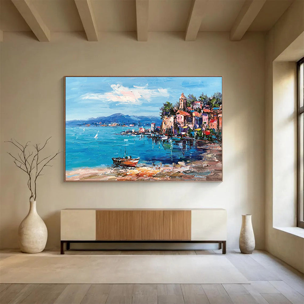 “Colorful Coastal Village” - Impressionistic Seaside Painting On Canvas PT230