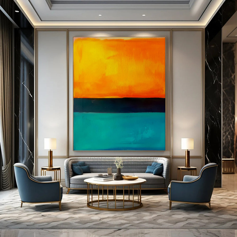 “Orange - Black - Blue Color - Blocked Abstract” - Modern Abstract Painting On Canvas PT1949