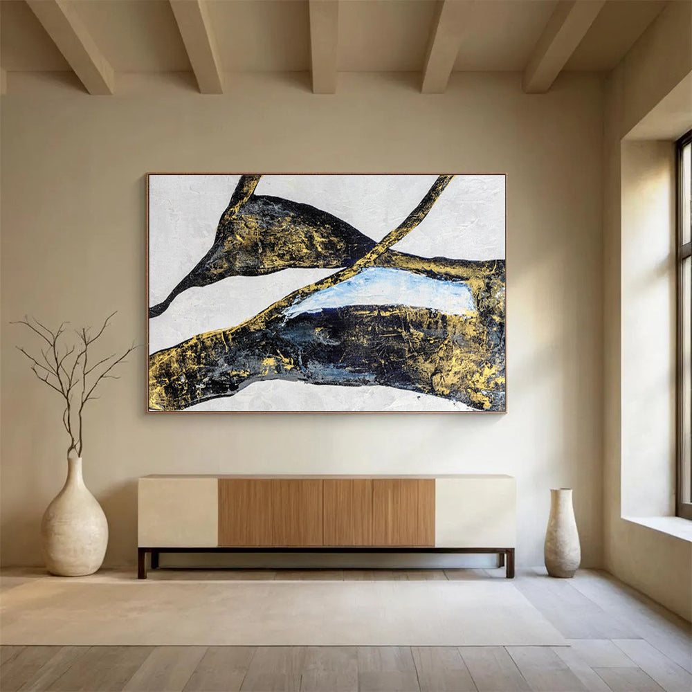 Black, Gold & Blue Abstract Shapes Painting On Canvas DKS011