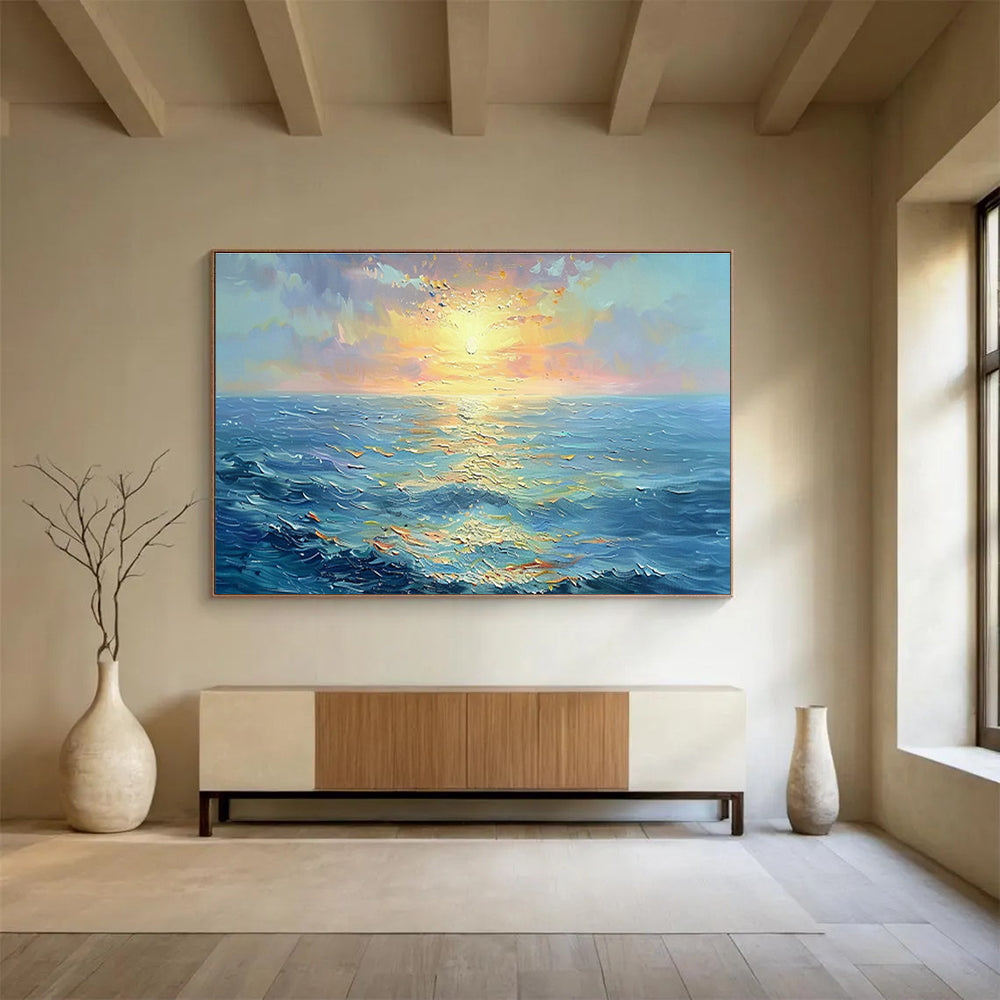 “Vibrant Sunset Sea” - Blue, Orange & Yellow Landscape, Expressive Oil Painting On Canvas DKS760