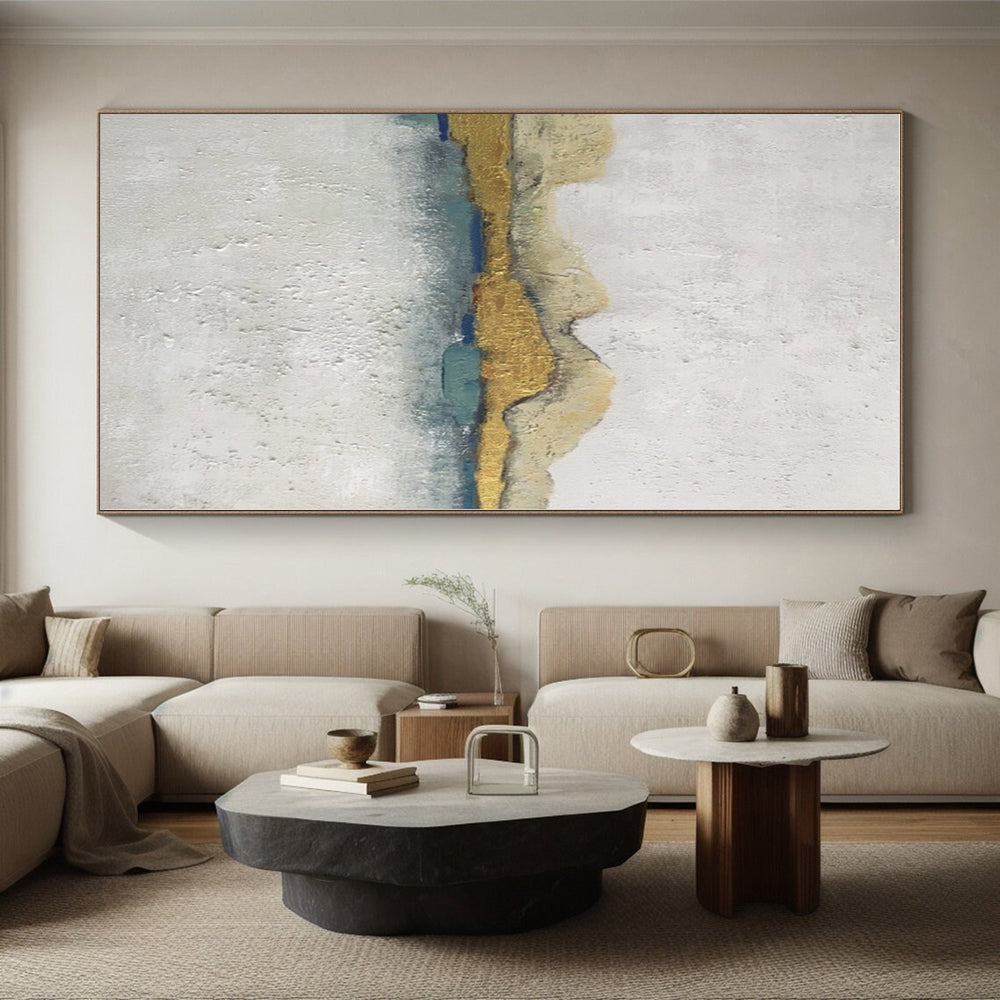 “Gold & Blue Minimalist Landscape” - Minimalist Abstract Painting On Canvas PS0413