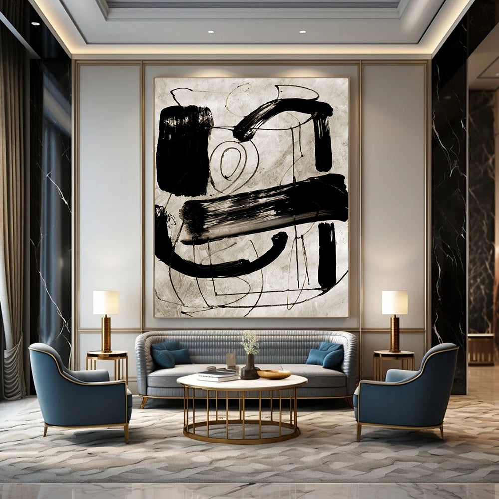 “Black Ink Abstraction” - Bold Strokes on Light Background Painting On Canvas DS169