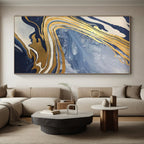“Blue - Gold Marble Swirls” - Blue, Gold, White Abstract Marbled Painting On Canvas PS0555