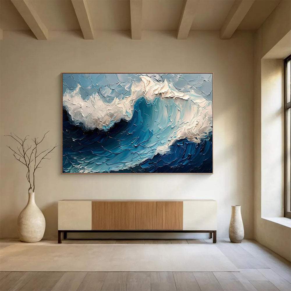 “Textured Ocean Wave” - Blue, White & Gray Seascape, Impasto Oil Painting On Canvas DKS766