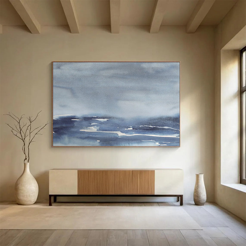 “Muted Blue Watercolor Seascape” Watercolor Painting On Canvas DKS168