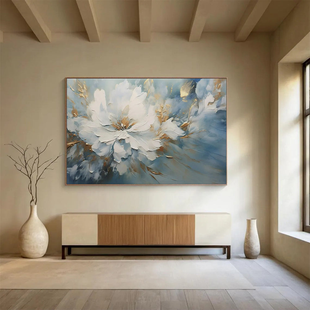 “White Flower with Blue - Gold Background” - Impasto Floral - Painting On Canvas PT1756
