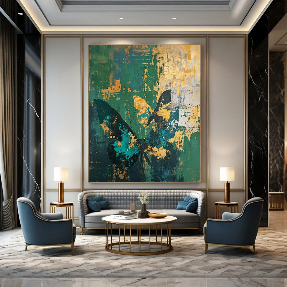 “Teal, Green, and Gold Butterfly Grunge” - Abstract Insect Painting On Canvas PT1883