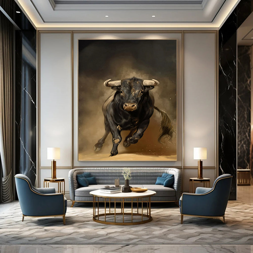 “Powerful Black Bull in Motion” - Realist - Inspired Animal Painting On Canvas PT1409