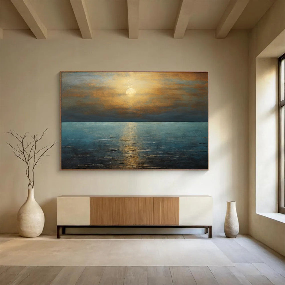 Golden Sunset Over Blue Sea Seascape Painting On Canvas DKS102