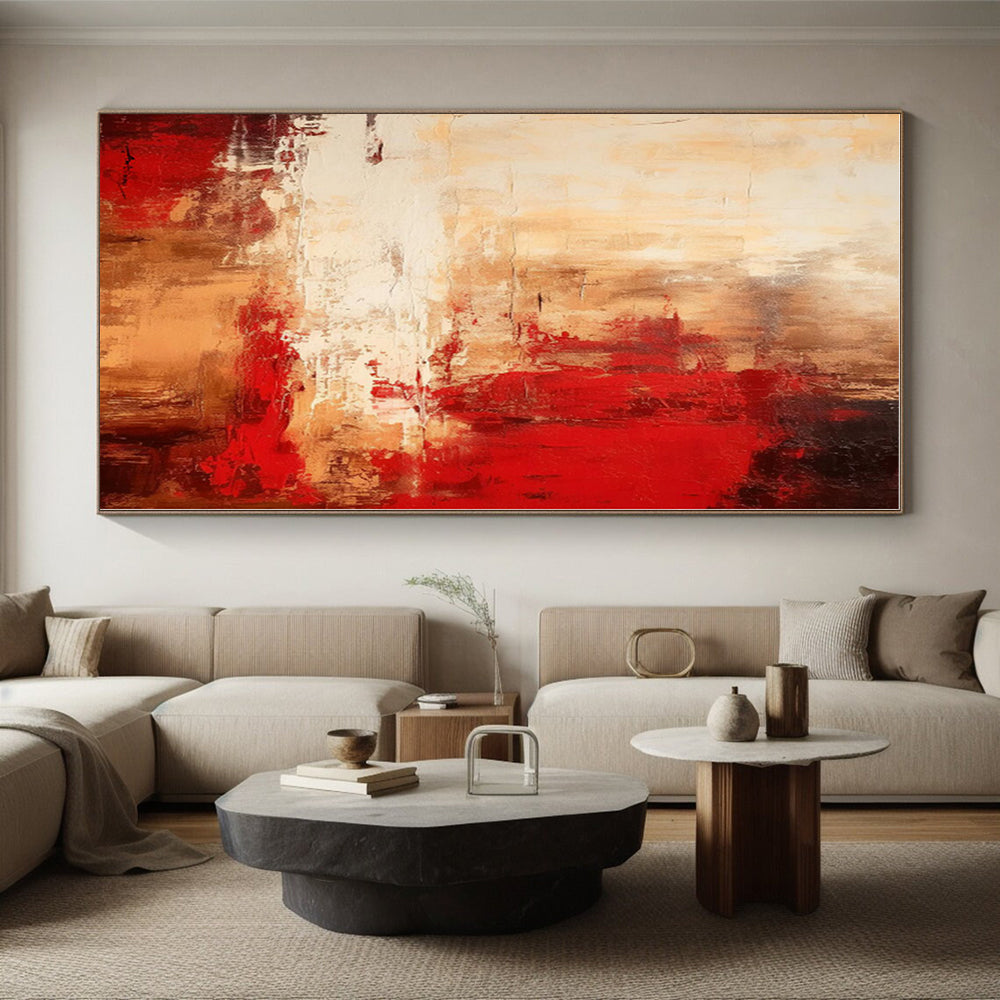 “Red - Beige Abstract Landscape” - Red, Beige Abstract Painting On Canvas PS0481
