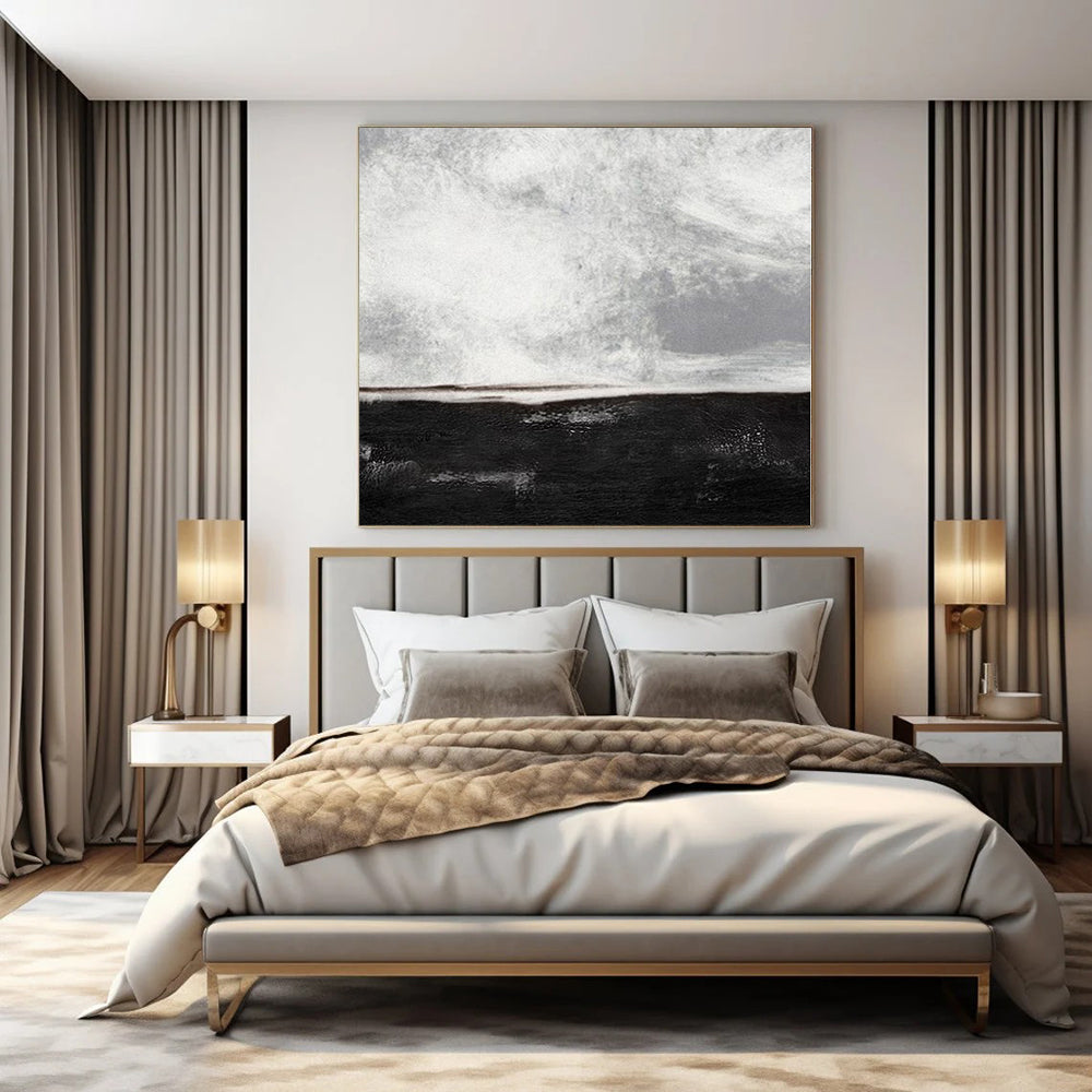 Black, White and Gray with Textured Divide "Midnight Calm" Abstract Painting On Canvas PS1154