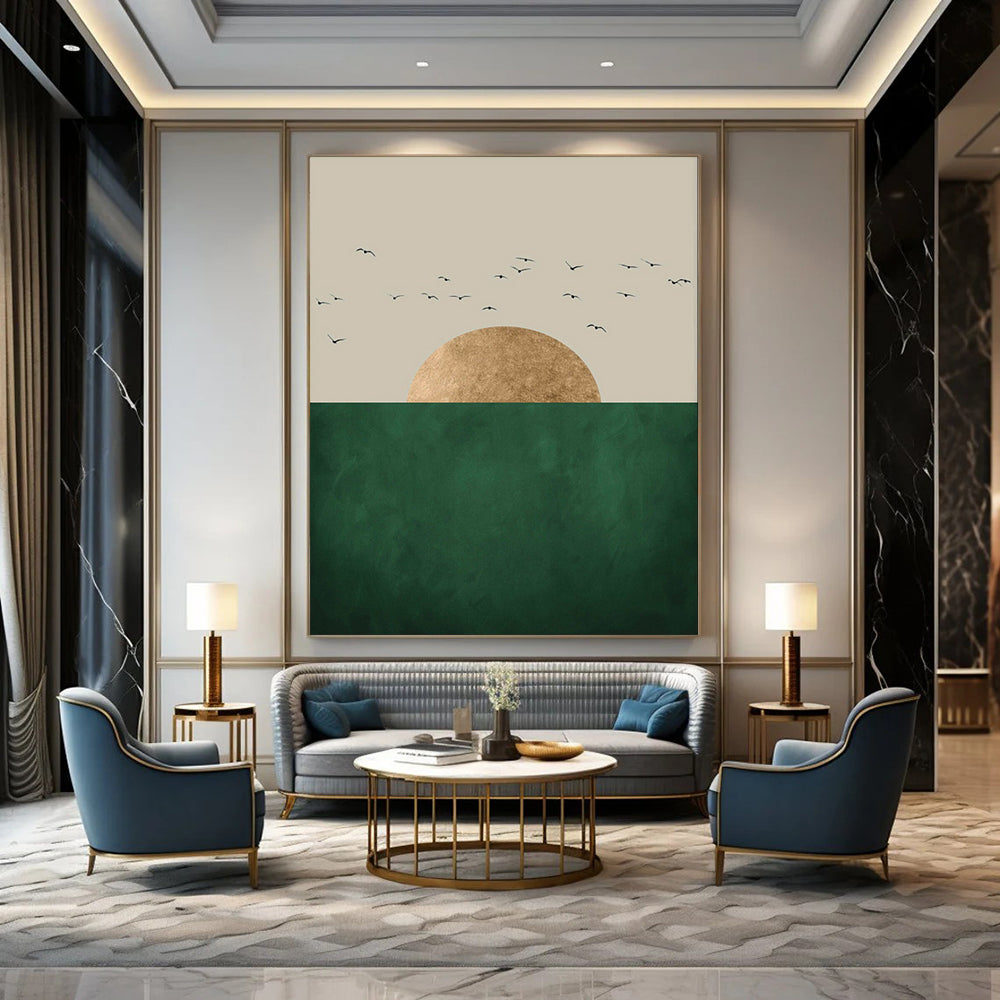 “Minimalist Sun, Sea, and Birds” - Minimalist Landscape Painting On Canvas PT1921