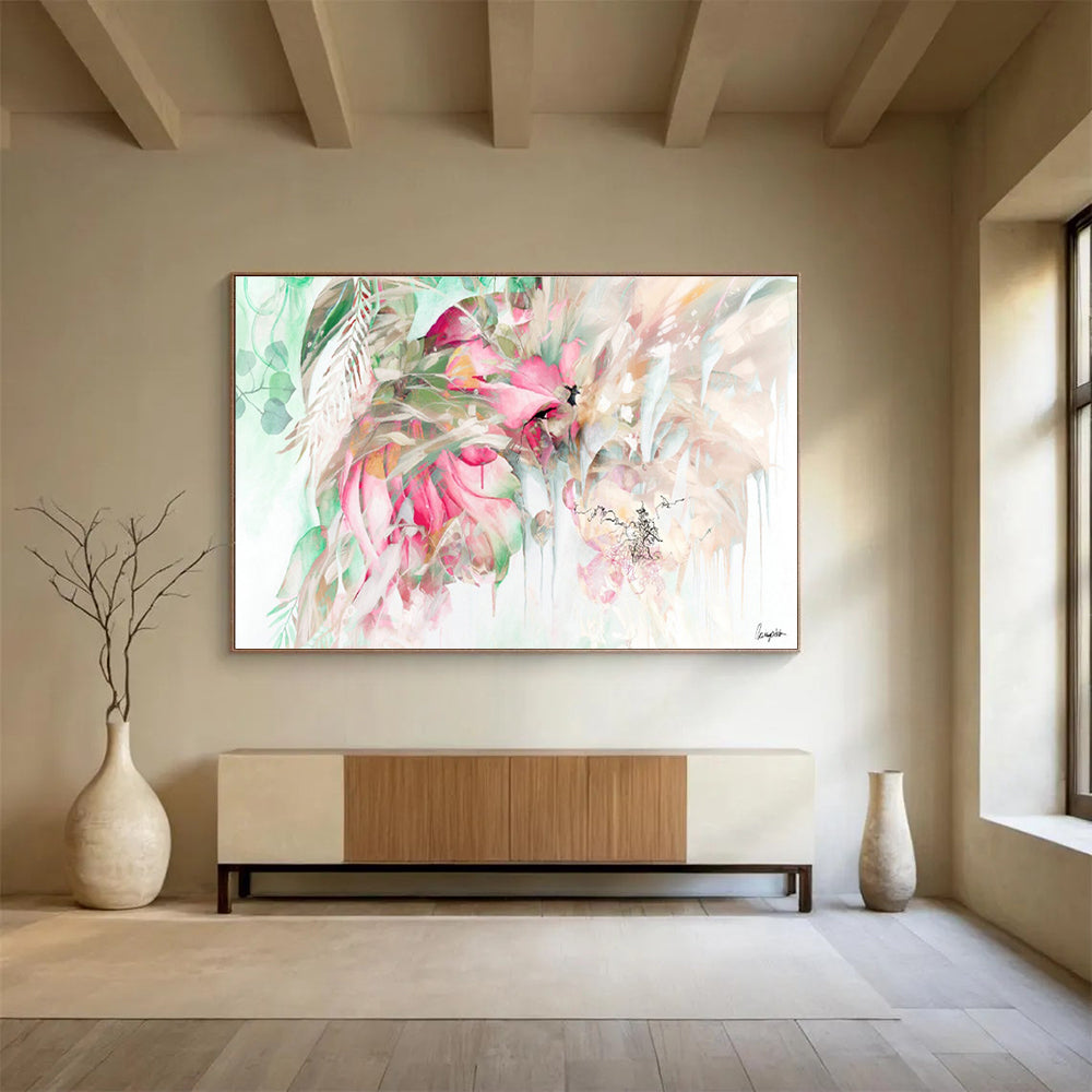“Pink And Green Floral Cascade” - Floral Painting On Canvas DKS534