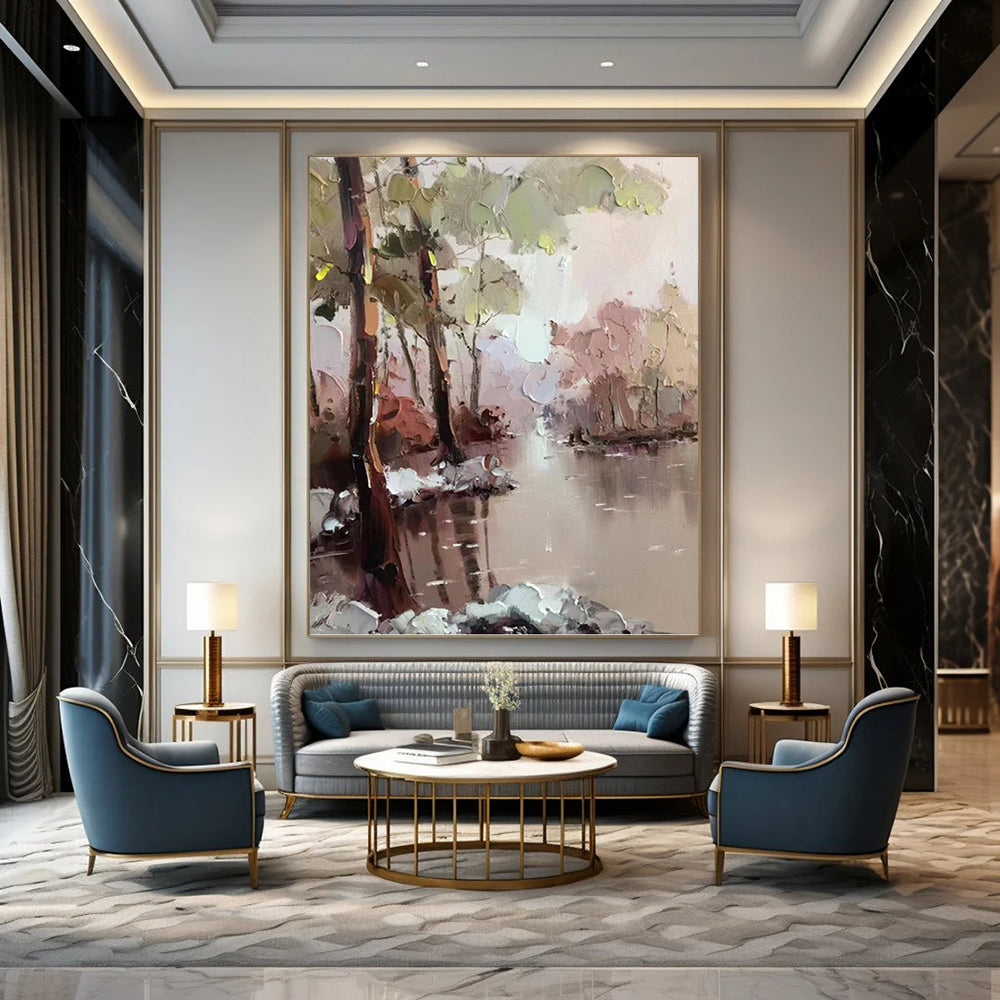 “Pastel - Toned River Forest” - Impressionist Landscape Painting On Canvas PT1296