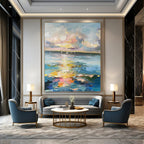 “Colorful Impasto Sunset Ocean with Sailboats” - Impasto Seascape Painting On Canvas PT1896