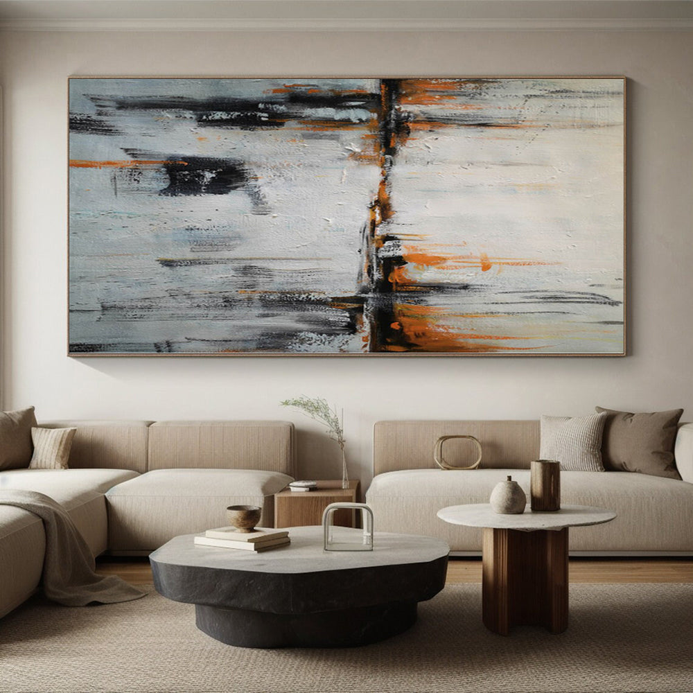 “Orange Reflection” - Gray, Orange Abstract River Scene Painting On Canvas PS0384