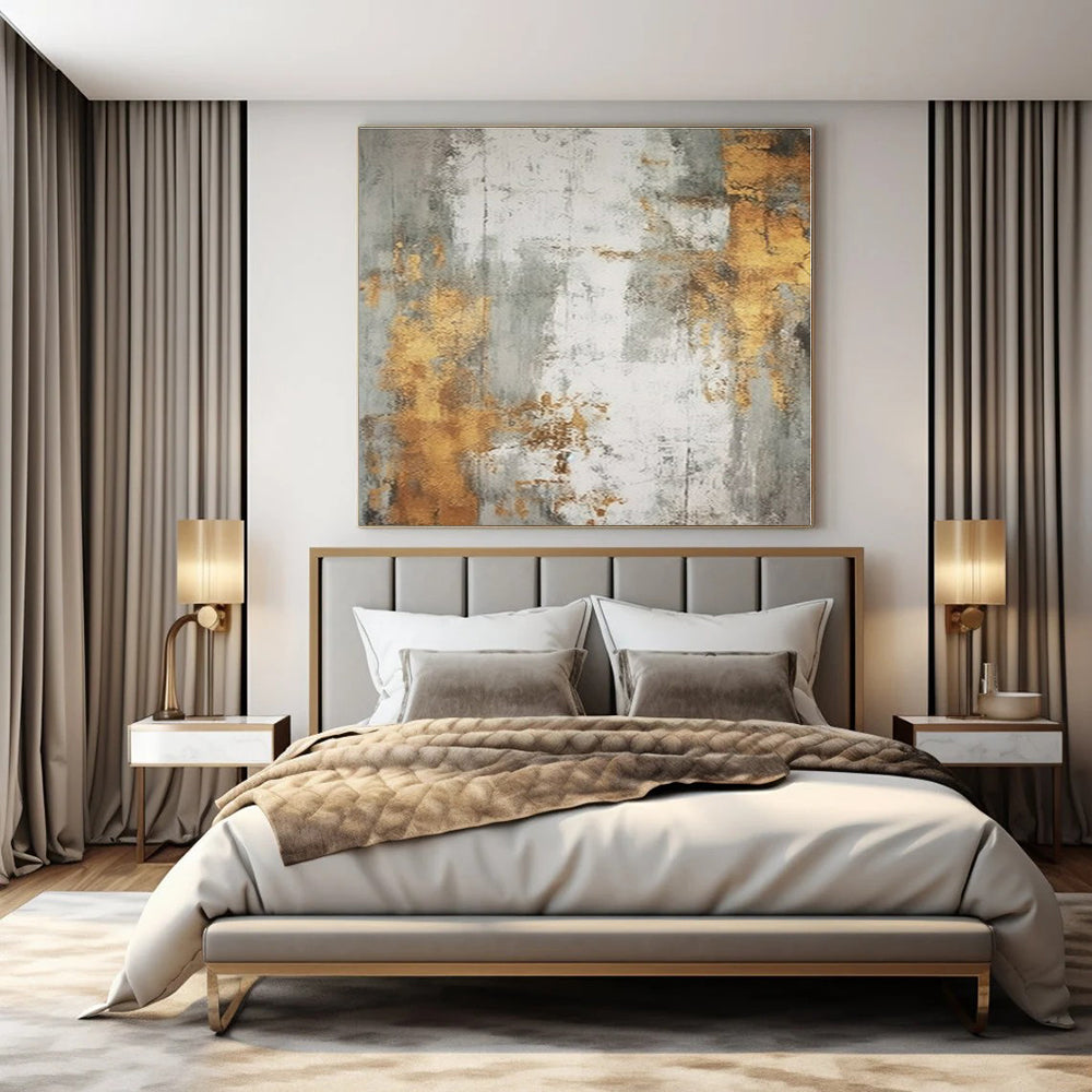 Gray, Gold, White with Textured Layers "Gilded Whispers" Abstract Painting On Canvas PS1271