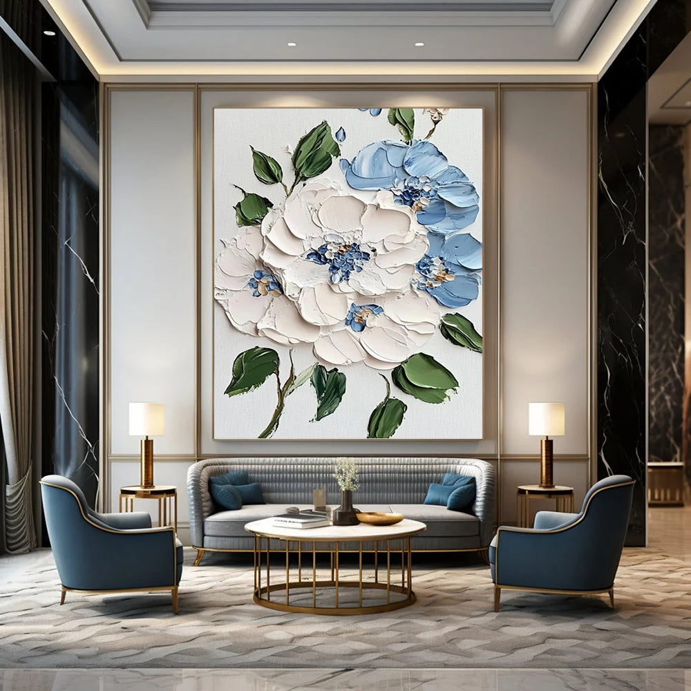 “Blue - White Floral 3D Relief” - Realist - Inspired Floral Painting On Canvas PT1387