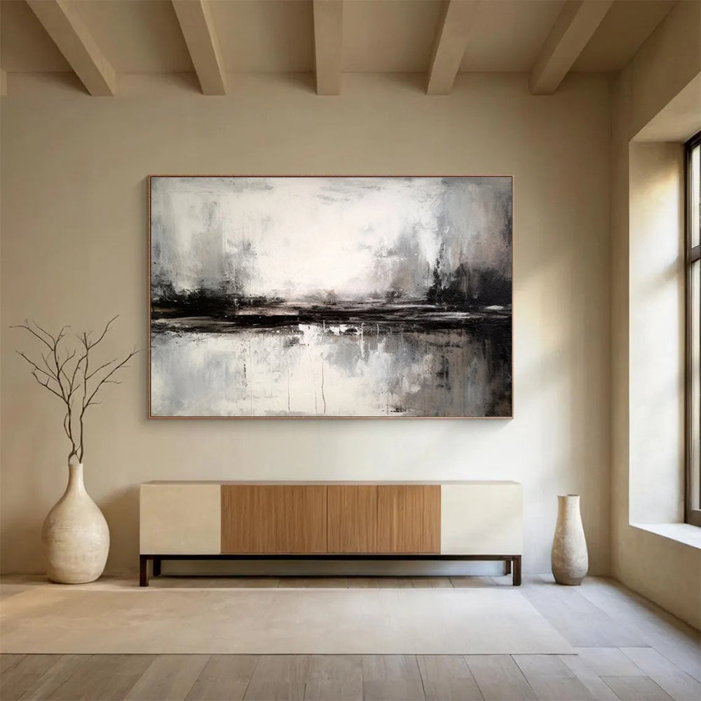 Monochrome Misty Waterscape - Atmospheric Abstract Painting On Canvas DKS342