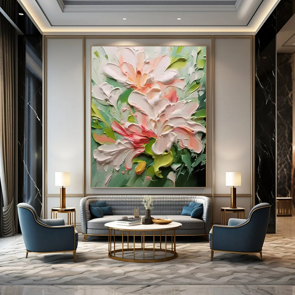 “Pink - Green Floral Impasto” - Impressionist - Inspired Floral Painting On Canvas PT1396