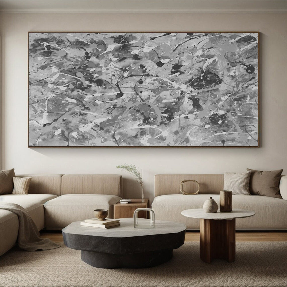 “Gray - White Splatter Abstraction” - Gray, White Abstract Painting On Canvas PS0478