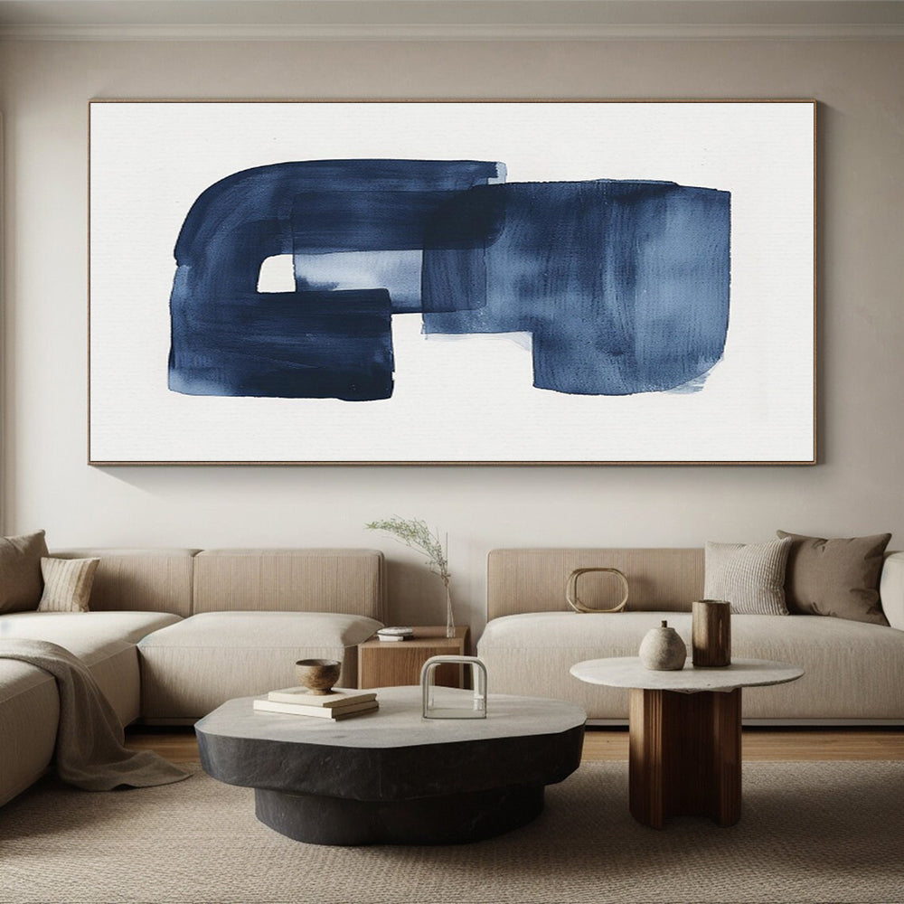 “Indigo Brushstroke Monogram” - Indigo, White Abstract Calligraphic Painting On Canvas PS0749