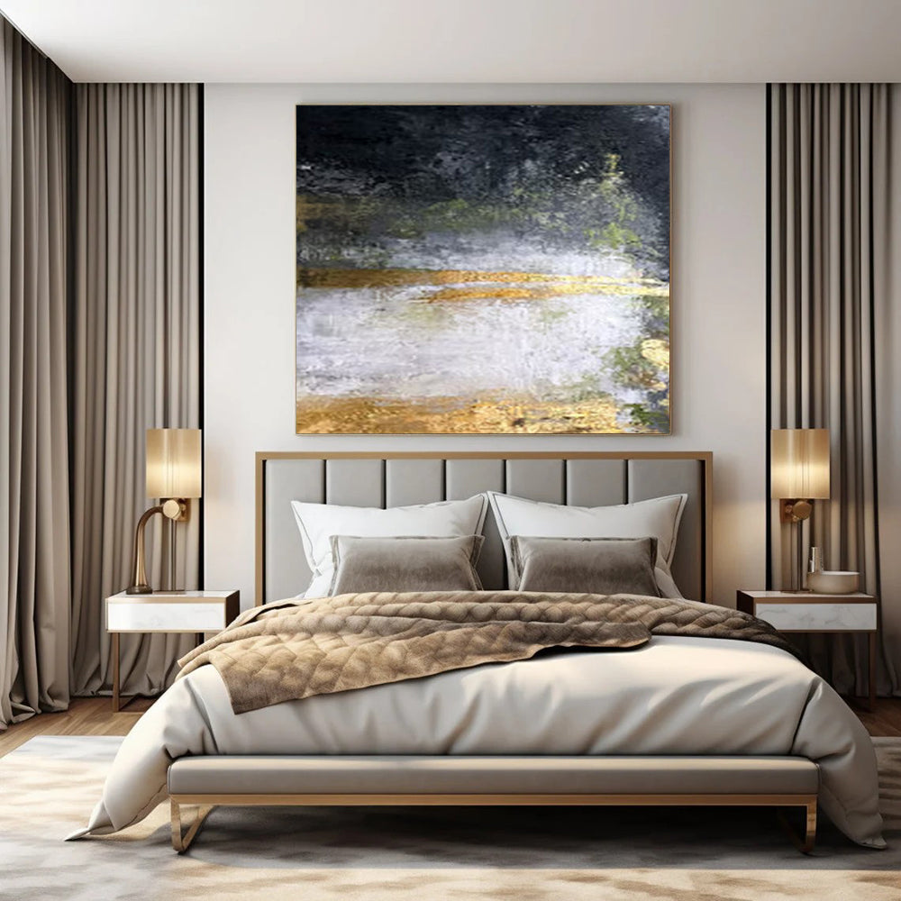 Black, Green, Gold, and White Layered, "Mystic Veil" – Layered Abstract Painting On Canvas PS1008