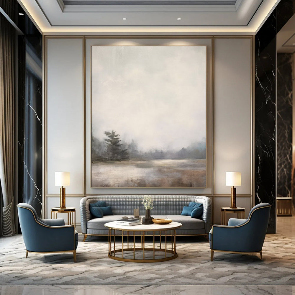 “Misty Lakeside Forest in Soft Neutrals” - Landscape Painting On Canvas PT2058