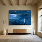 “Blue Night Sea with Sailboat” - Impressionist Seascape - Painting On Canvas PT1784