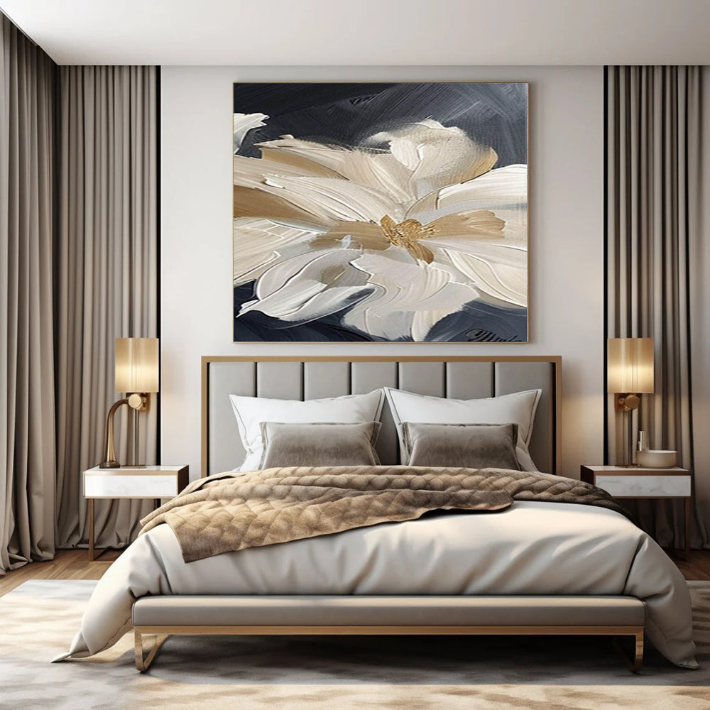 Cream and Black Floral "Luxe Petals" Impasto Flower Painting On Canvas PS1092