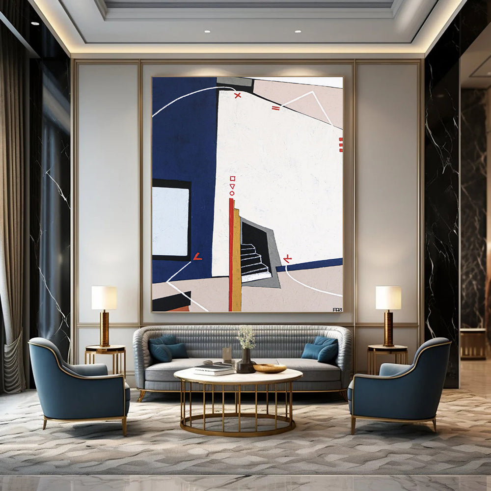 “Blue - White Geometric Abstraction” - Architectural Abstract Painting On Canvas PT1106