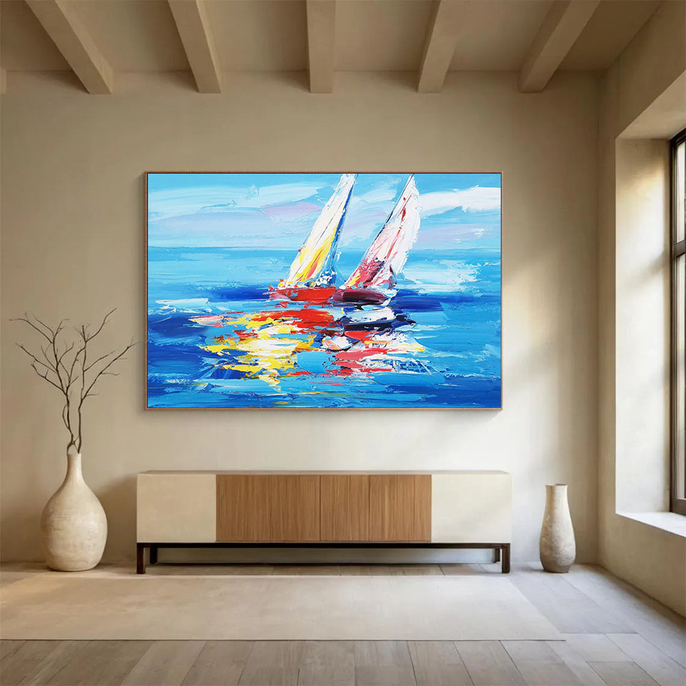 “Blue - Colorful Sailboats” - Expressionist Nautical Painting On Canvas PT266