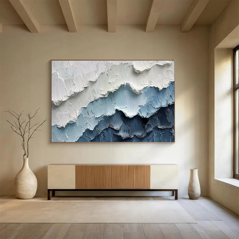 Blue & White Textured Mountain Abstract Painting On Canvas DKS049