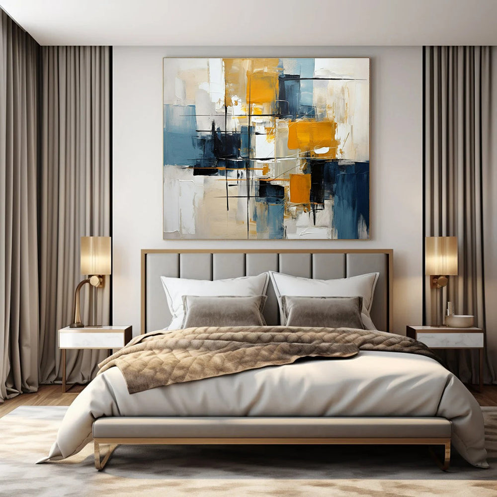 Blue, Yellow, Black, White with Dynamic Strokes "Urban Energy" Abstract Painting On Canvas PS1435