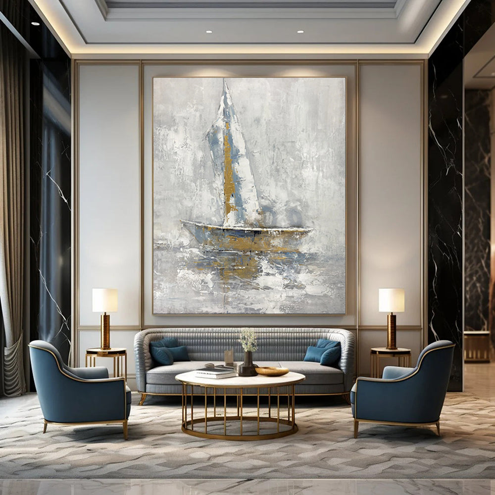 “Sailboat in Gray - Blue Abstract” - Nautical Abstract Painting On Canvas PT1957