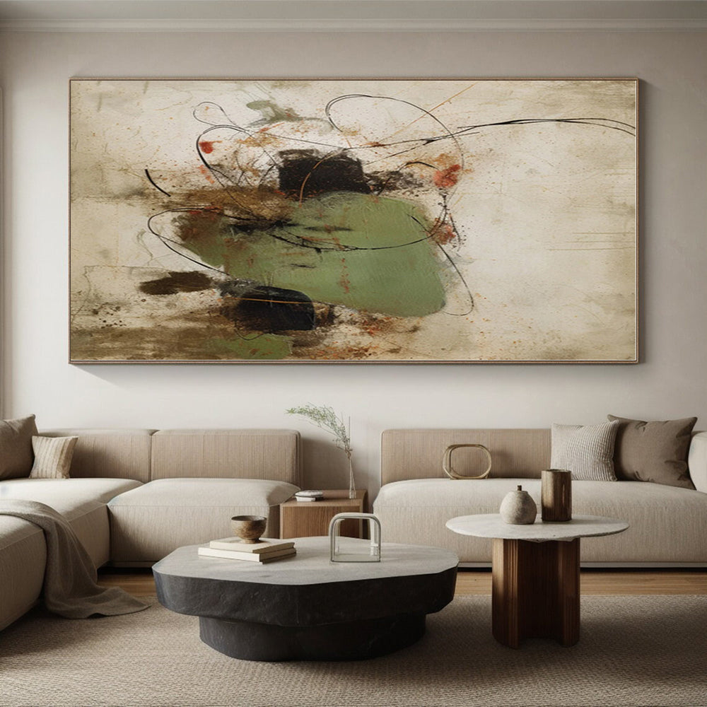 “Green - Black Line & Shape” - Green, Black, Brown Abstract Line Painting On Canvas PS0569