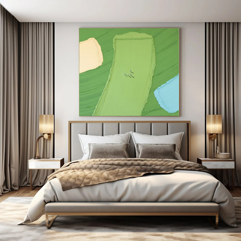 Green, Yellow, Blue with Small Figures "Colorful Fields" Abstract Painting On Canvas PS1354