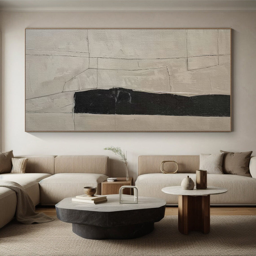 “Neutral Toned Abstract with Black Vertical Shape” - Minimalist Abstract Painting On Canvas PS0269