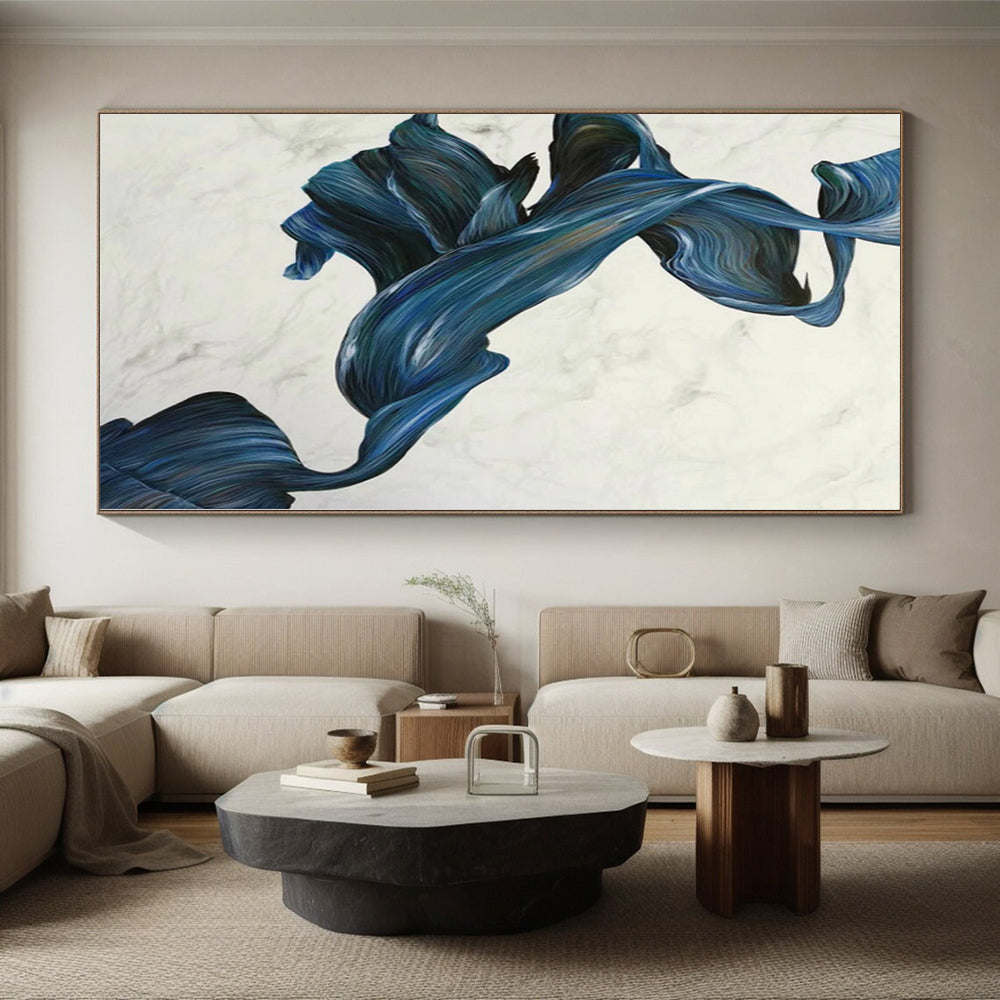 “Blue - White Abstract Flowing Ribbons” - Graceful Abstract Painting On Canvas PS0349