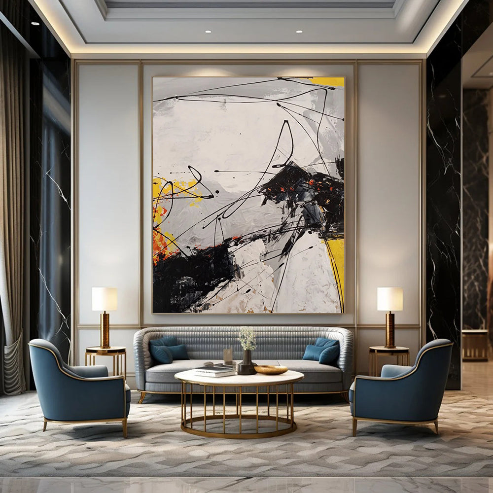 Black - White - Yellow - Orange Energetic Drips Abstract Expressionist Painting On Canvas DS054