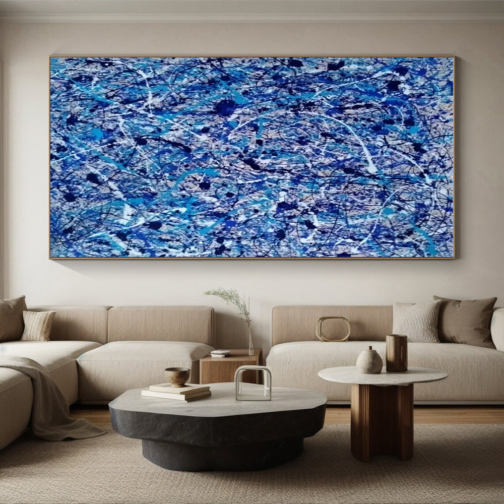 Blue and White Splatters, "Oceanic Chaos" – Action - Painting Abstract On Canvas PS0886