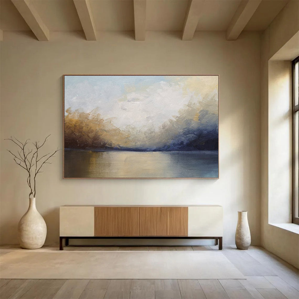 “Soft Lake Reflection in Blues and Golds” - Impressionistic Landscape Painting On Canvas PT041