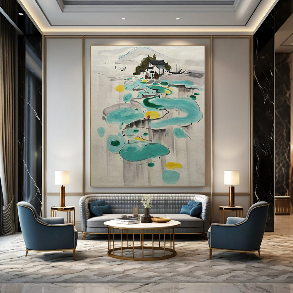 “Ink - Wash Abstract Village” - Sumi - E, Serene - Styled Painting On Canvas PT1584