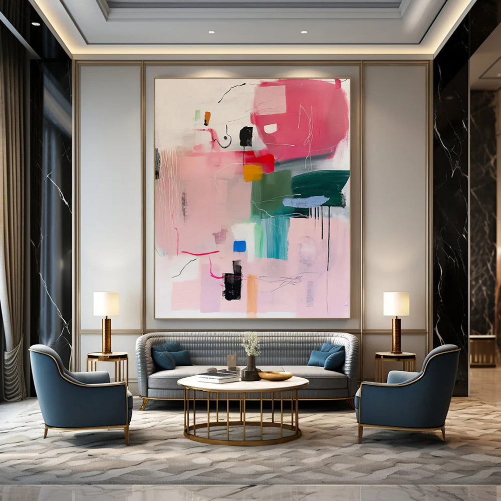 “Pink and Colorful Shapes Abstract” - Energetic Abstract Expressionism On Canvas PT0998