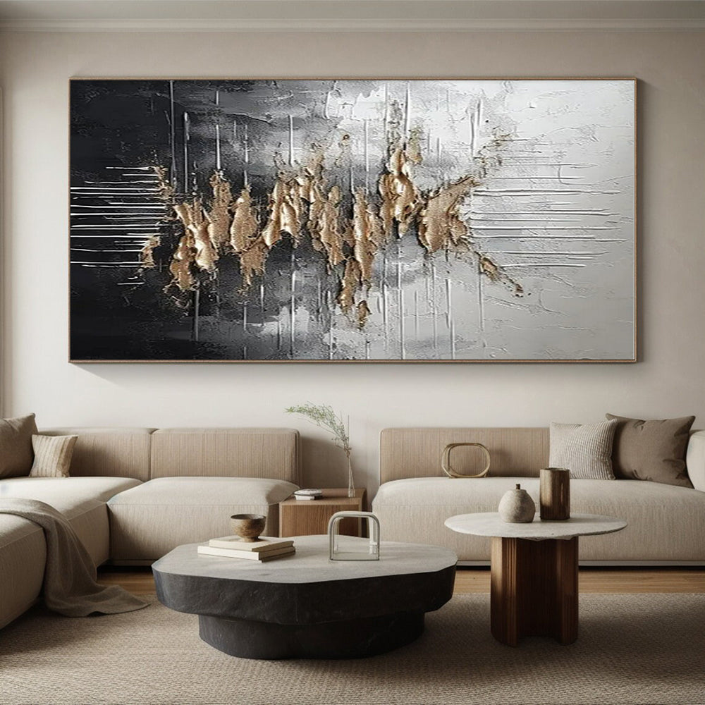 Silver, Black & Gold Textured Abstract "Metallic Cascade" Painting On Canvas PS0864