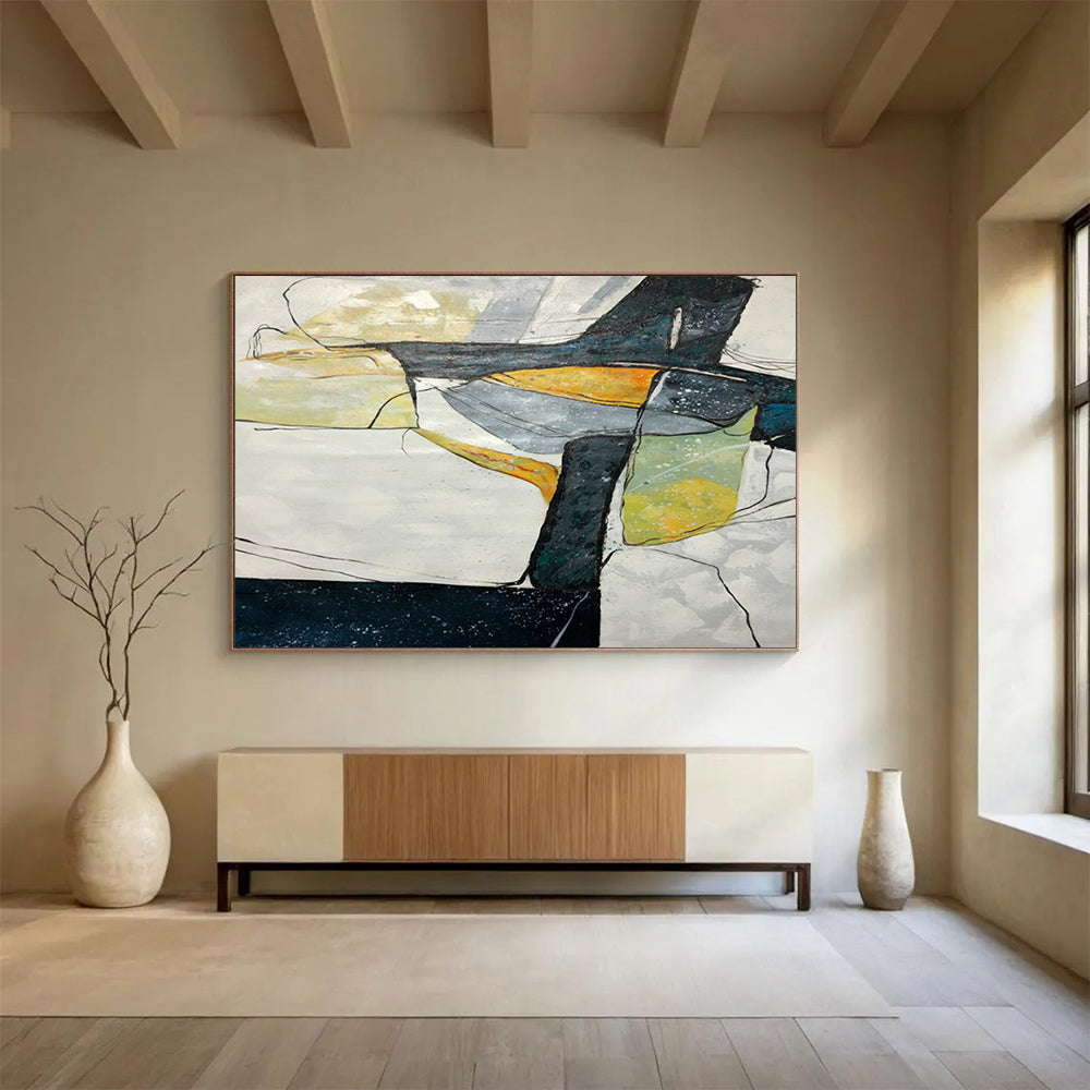 “Geometric Abstract Coastal in Blacks, Whites & Colors” - Modern Cubist - Inspired Oil Painting On Canvas PT038