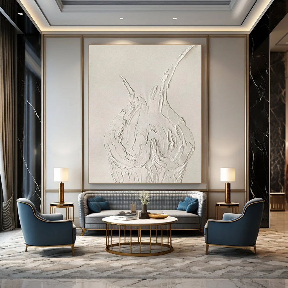 “White Textured Vase Abstract” - Sculptural Plaster Painting On Canvas PT0990