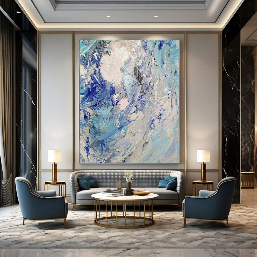 “Blue - White Textured Abstract” - Impasto Abstract Painting On Canvas PT1288