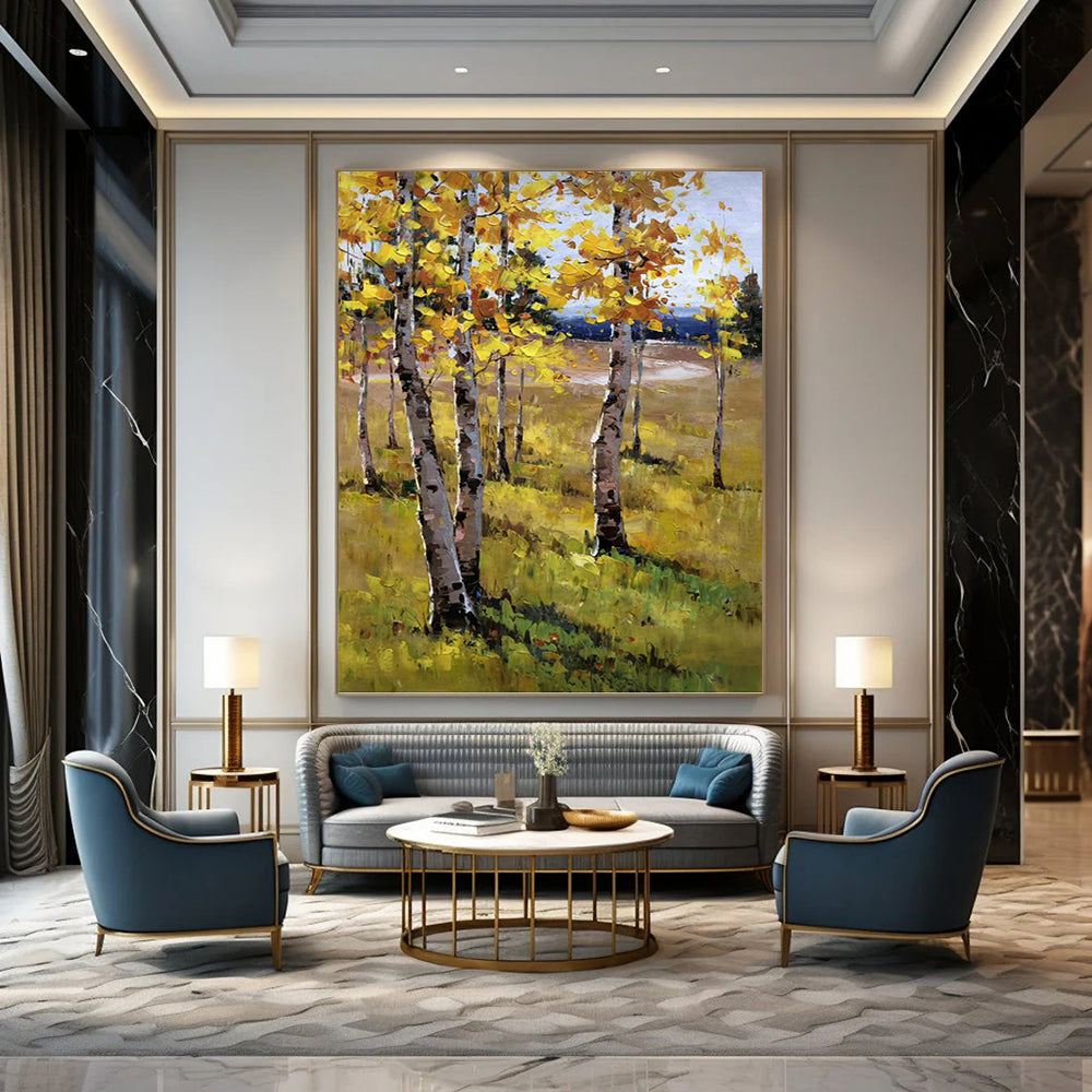 “Yellow - Green Autumn Birch Field” - Impasto Landscape Painting On Canvas PT1284