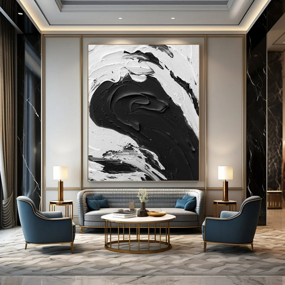 “Bold Black - White Textured Swirl” - Abstract, Graphic - Styled Painting On Canvas PT1679